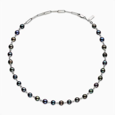 Smoke Blue Pearl Paperclip Chain Necklace in Sterling